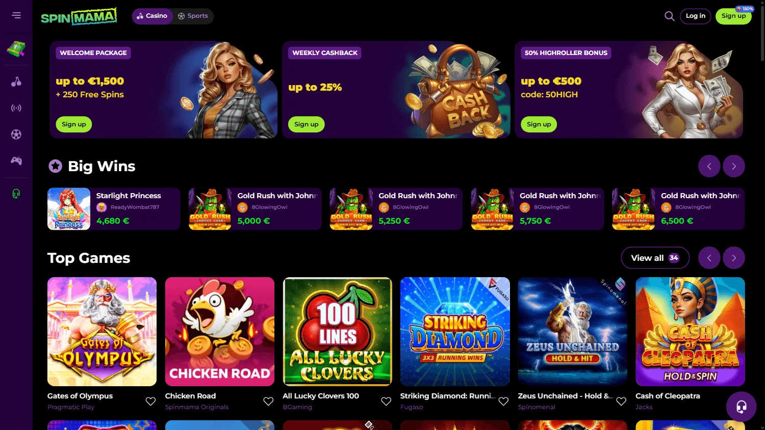 Spinmama Casino desktop home screen with casino, live casino and sportsbook content