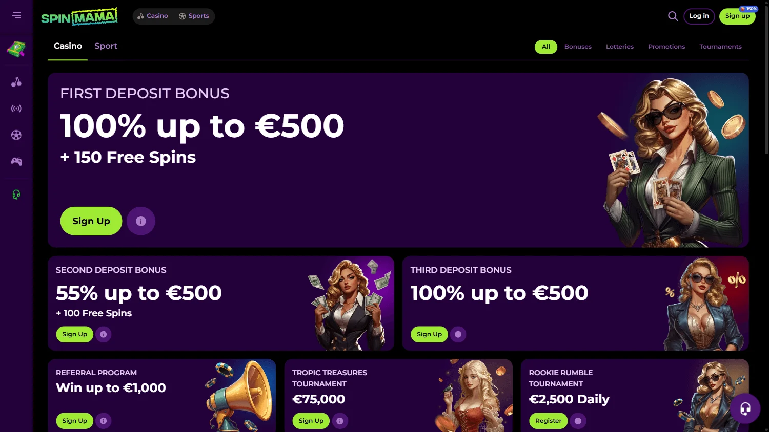 Spinmama Casino desktop promotions screen with welcome and ongoing reward offers